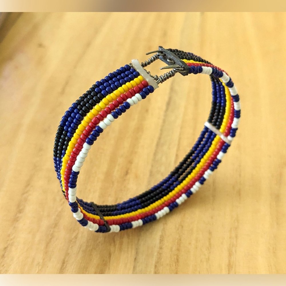 Multicolor Beaded Striped Bracelet, Red/Yellow/Blue/White